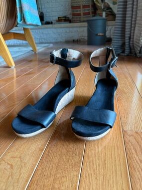 UGG Black Wedge Sandals with Ankle Strap
